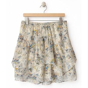 Eliot Silk Floral Tiered Ruffle Mini Skirt Women 4 Ivory Y2K Romantic Boho